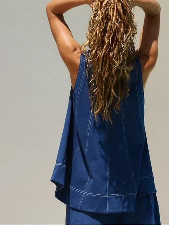 Free People Indigo Blue Contrast-Stitch Tank - Picture 2 of 8